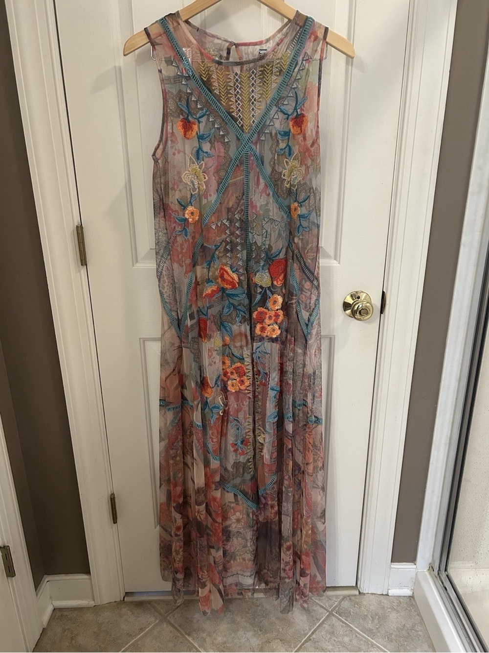 Johnny Was Biya Mesh Floral Embroidered Sleeveless Midi Dress
